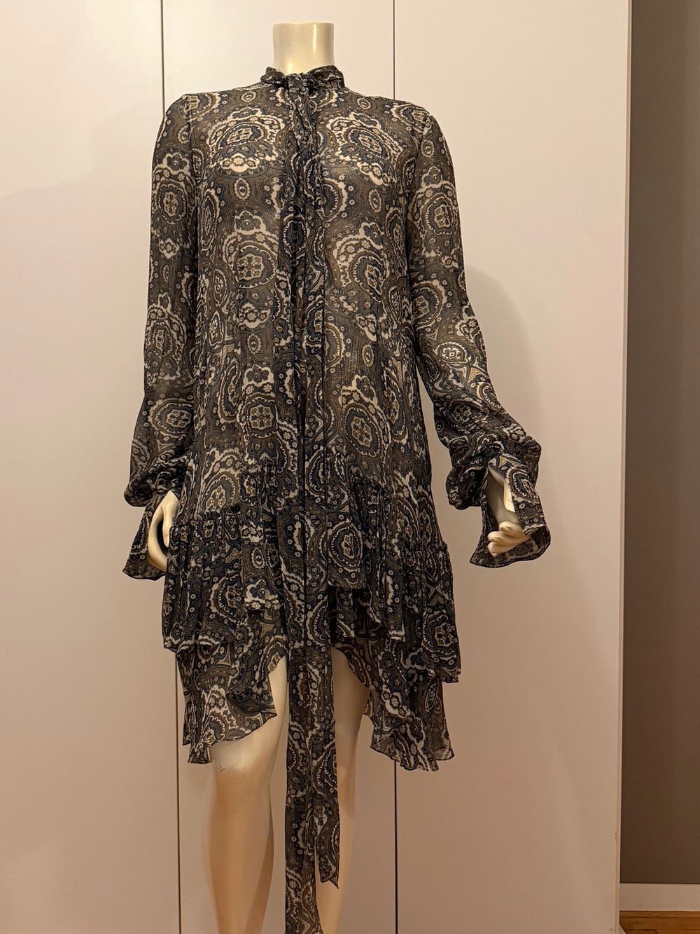 Chloe Women's Grey  Paisley Ruffle Tie-Neck Dress boho chic
